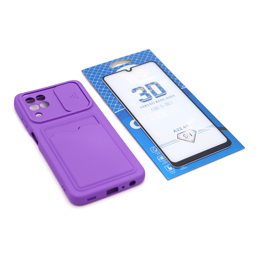 Capa Porta Cartão Samsung A22 (4G) com Película 3D